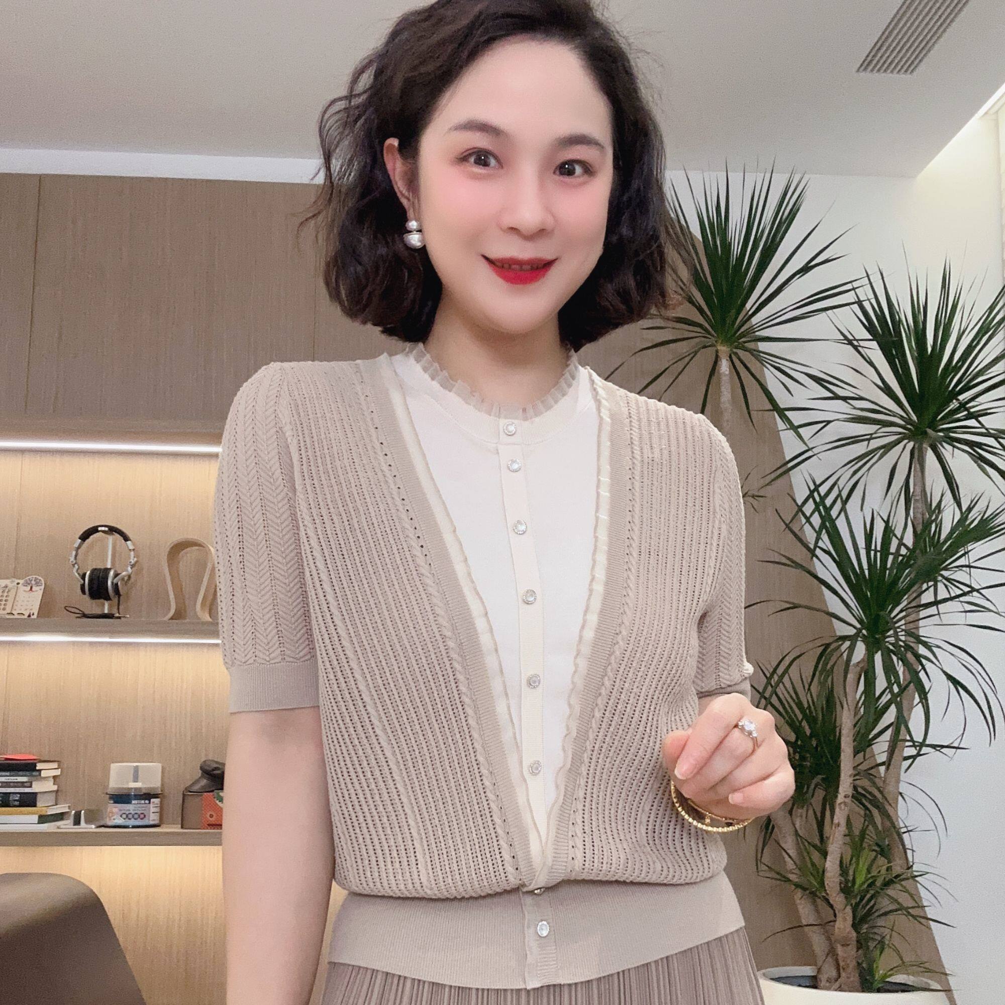 吕木定制立领假两件针织开衫女短袖T恤夏季蕾丝气质洋气#24030
