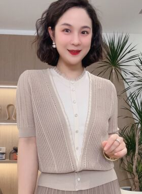 吕木定制立领假两件针织开衫女短袖T恤夏季蕾丝气质洋气#24030