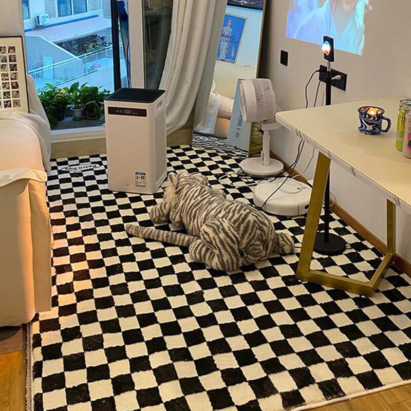棋盘格地毯客厅沙发卧室床边毯网红北欧毛绒绿黑白格子风满铺