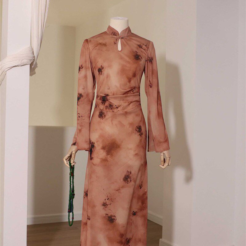 喵吉复古国风新中式优雅长袖小个子长款日常年轻款改良旗袍裙女秋