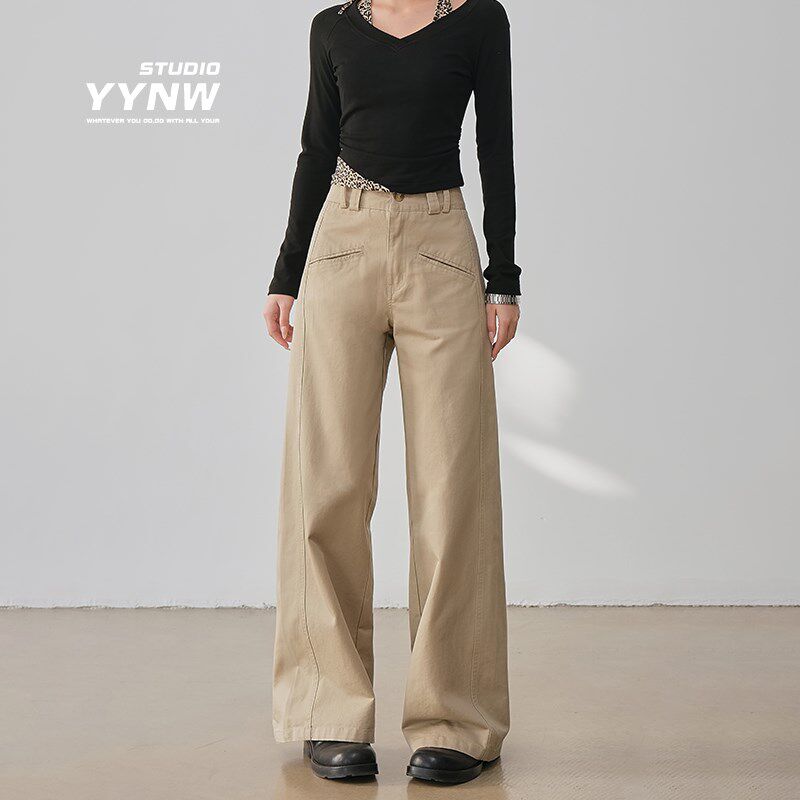 纯棉直筒阔腿裤卡其色小个子工装裤女2025夏季高腰显瘦休闲西装裤