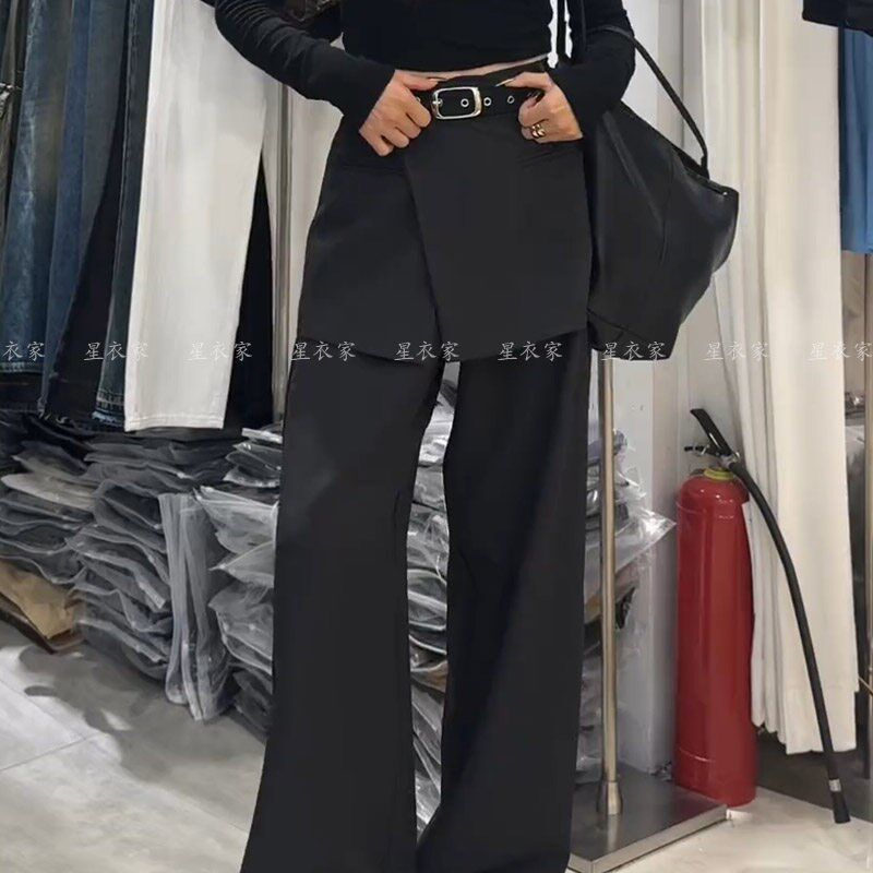 美式辣妹假两件黑色西装裤子女2025夏设计感小众叠穿裙裤休闲裤