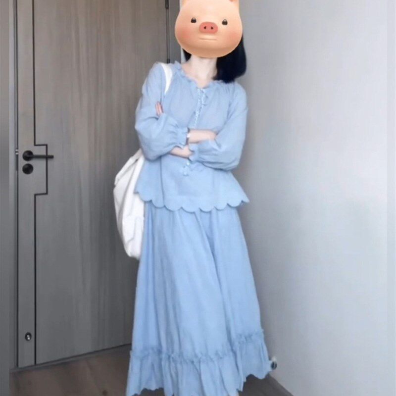 微胖mm法式高级感重工绣花长袖上衣女显瘦高腰半身裙气质蓝色套装