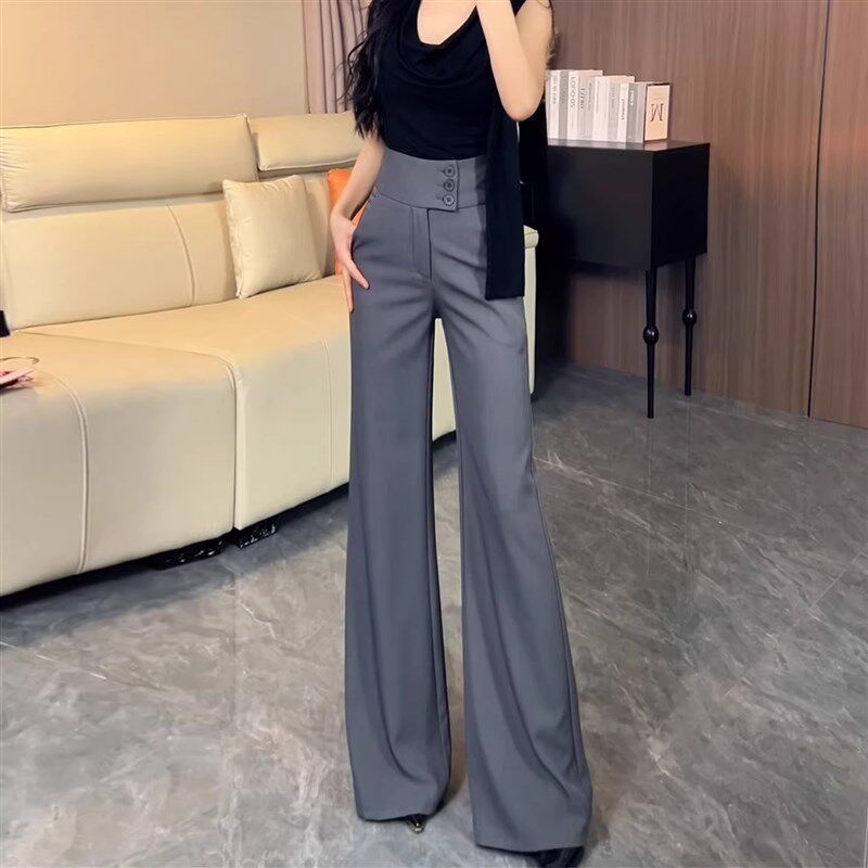 灰色高级感不贴腿微喇西装裤女夏季2025年新款高腰显瘦垂感喇叭裤
