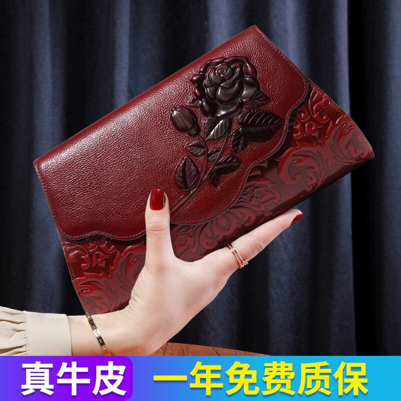 时尚真皮手拿包配旗袍礼服2024新款复古压花牛皮大容量宴会手抓包