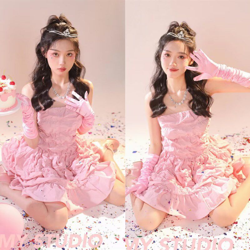 2023新款艺术感泡泡抹胸小礼服裙女甜美粉色无袖蓬蓬裙子高级感