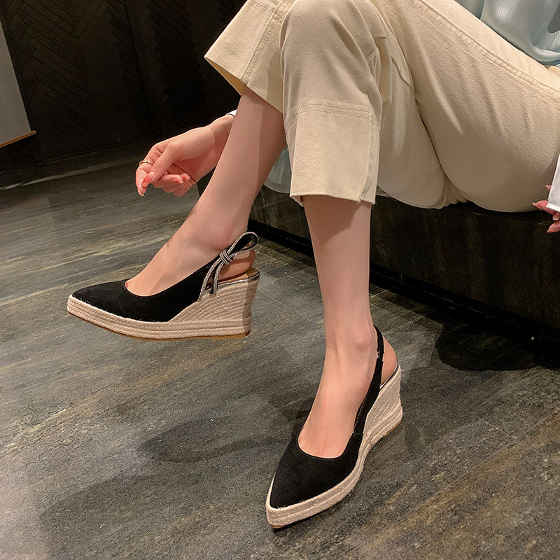 草编包头坡跟凉鞋女鞋夏季新款真皮厚底防水台后空高跟鞋子潮