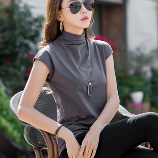纯色棉上衣百搭显瘦打底衫 半高领短袖 宽松大码 韩版 t恤女2021新款