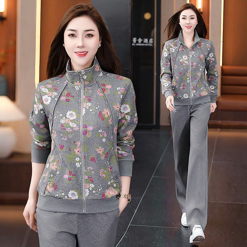 运动服套装女春秋时尚洋气时髦高级感连帽印花卫衣休闲跑步两件套