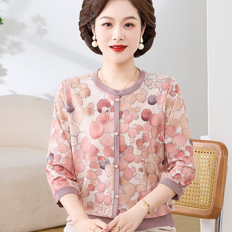 妈妈春夏薄款中袖真丝T恤小衫宽松套装中老年女夏装冰丝短袖上衣