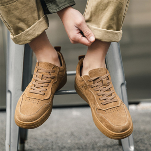 男鞋春秋款2023新款休闲鞋翻毛真皮工装板鞋潮牌百搭低帮马丁靴子