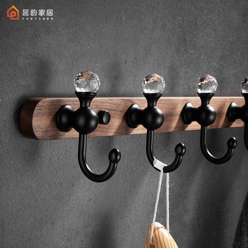 北美胡桃木实木入户玄关水晶挂衣钩门后壁挂黑色长排衣Z帽钩免打