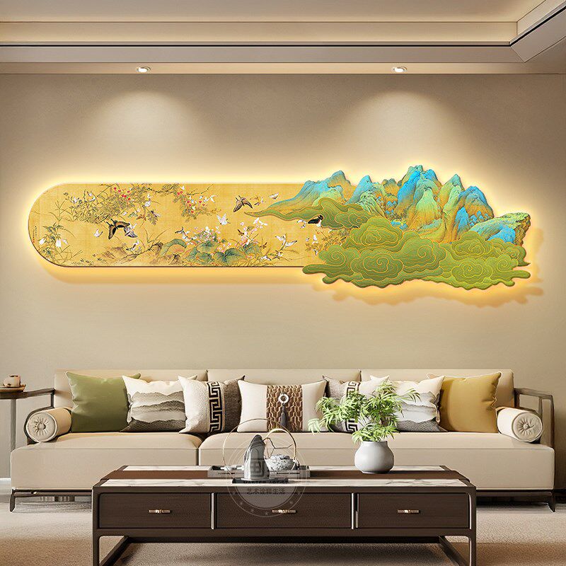新中国风千里江山画客厅装饰画九鱼画电视沙N发背景墙挂画灯光壁