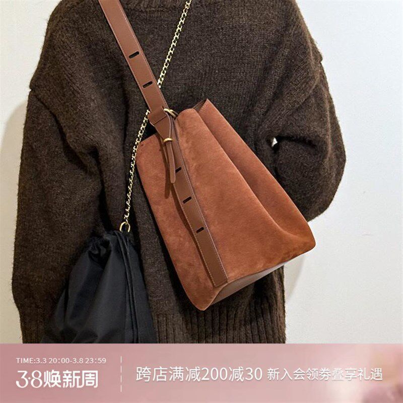 反绒牛皮水桶包爆款女包新款大容量高级包包休闲通勤单肩斜挎包