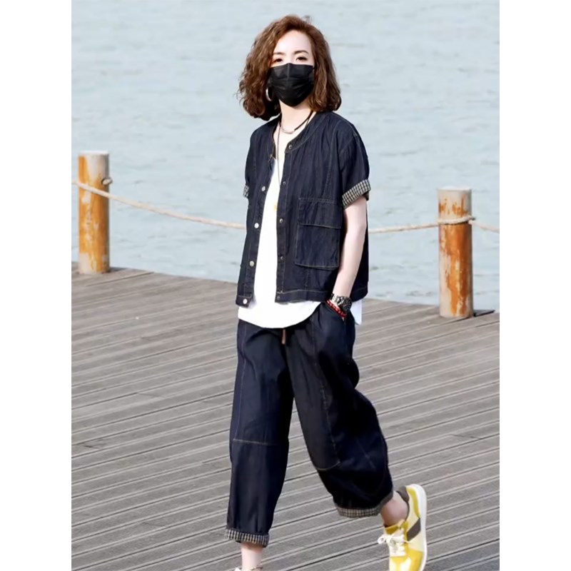 时尚洋气休闲百搭短袖套装女夏款宽松显瘦牛仔外套+八分裤牛仔裤
