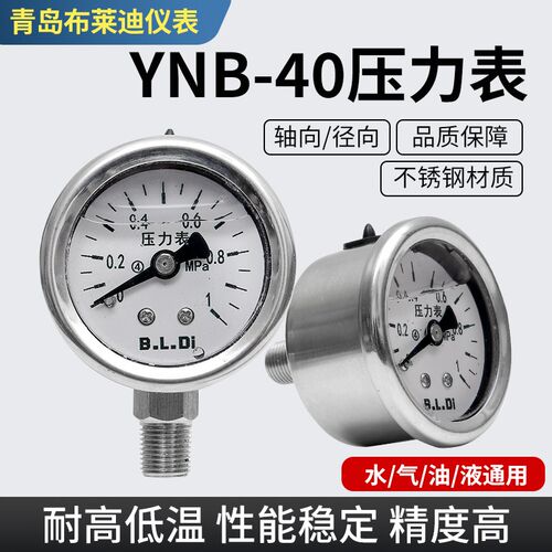 青岛布莱迪不锈钢压力表YN-40BF螺纹M10*11/81分2分不锈钢耐震表