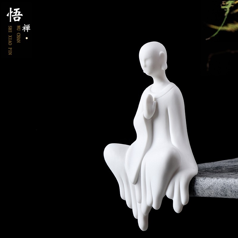 创意新中式玄关客厅禅意陶瓷无相佛小生小沙弥人物家居白瓷摆件