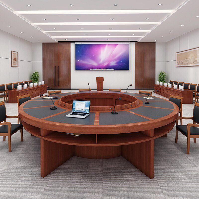 现代中式圆形弧形会议桌洽谈实木家具会客桌办公桌椅组合油漆商务