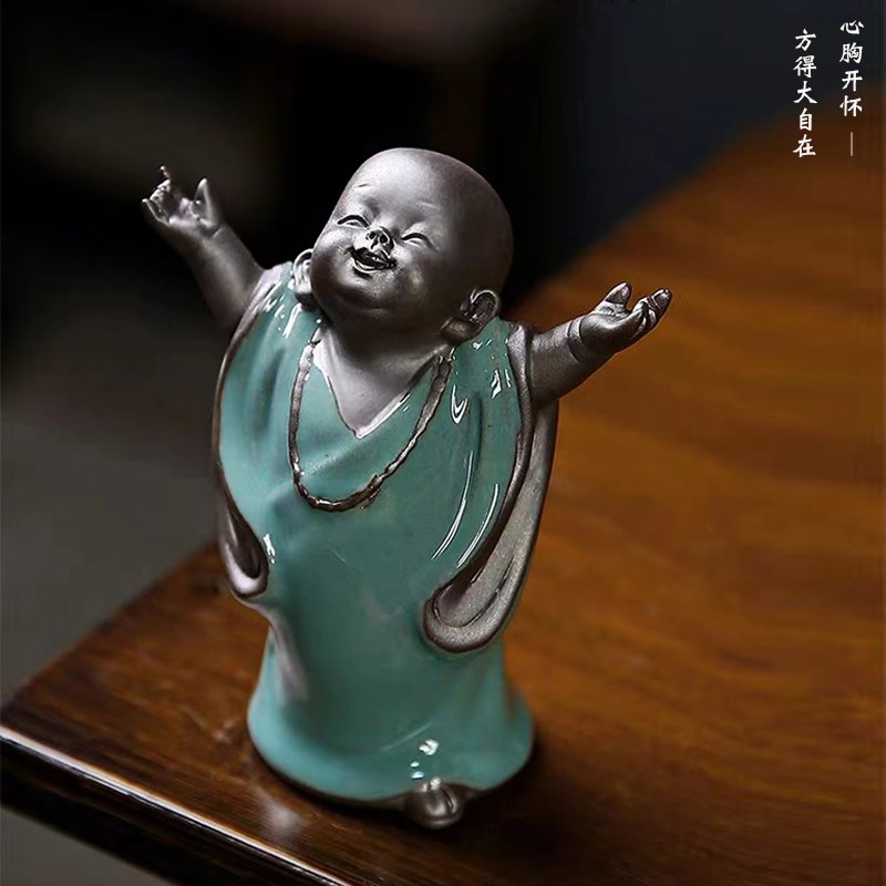 禅意紫砂三不小和尚人物陶瓷小沙弥茶室客厅盆景创意玄关酒柜摆件