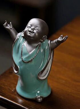 禅意紫砂三不小和尚人物陶瓷小沙弥茶室客厅盆景创意玄关酒柜摆件