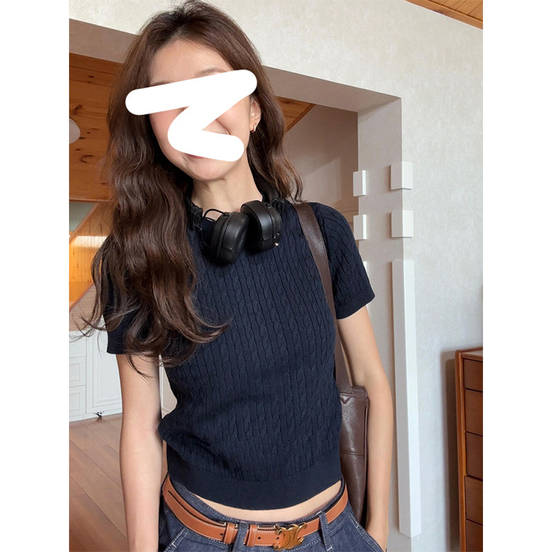 韩系麻花薄款短袖针织衫女夏季修身正肩藏蓝色T恤短款高智感上衣