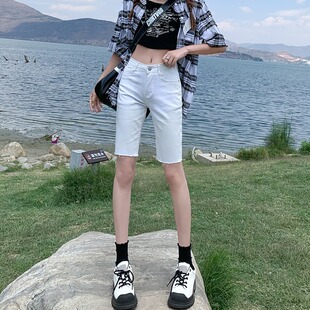 女夏季 5分中裤 五分裤 弹力毛边外穿骑行裤 子修身 白色高腰牛仔短裤