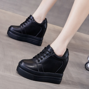 真皮12cm内增高女鞋2023新款春秋小个子松糕厚底坡跟休闲运动单鞋