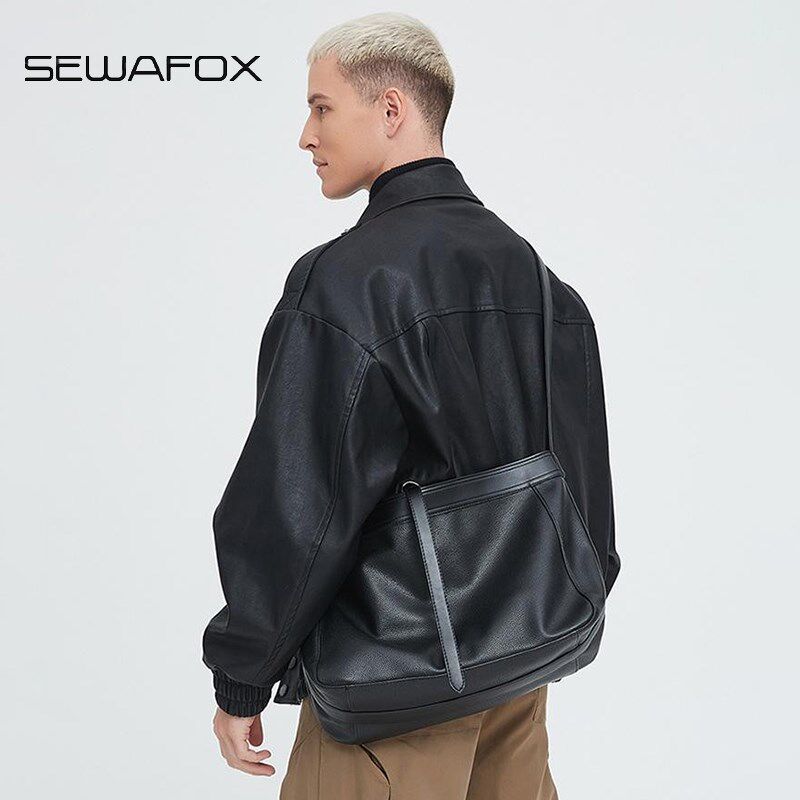 斜挎包男士高级感荔枝纹简约黑色软皮大容量通勤外出便携单肩男包