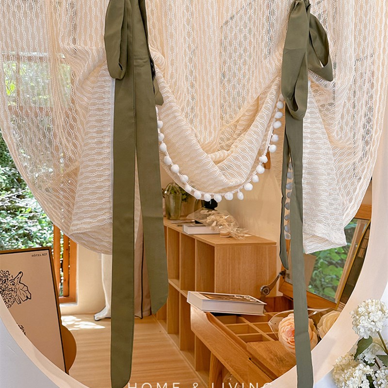 纯色蕾丝纱帘法式复古提拉帘北欧窗帘短门帘系带上下升降帘穿杆门