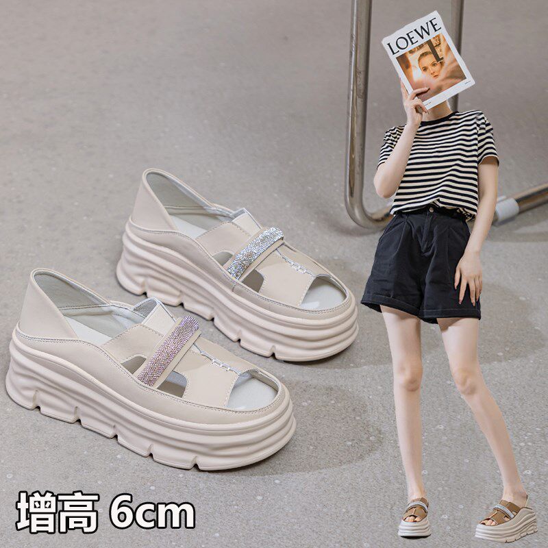 夏季真皮厚底一脚蹬鱼嘴凉鞋女水钻两穿踩脚小码女鞋313233小个子