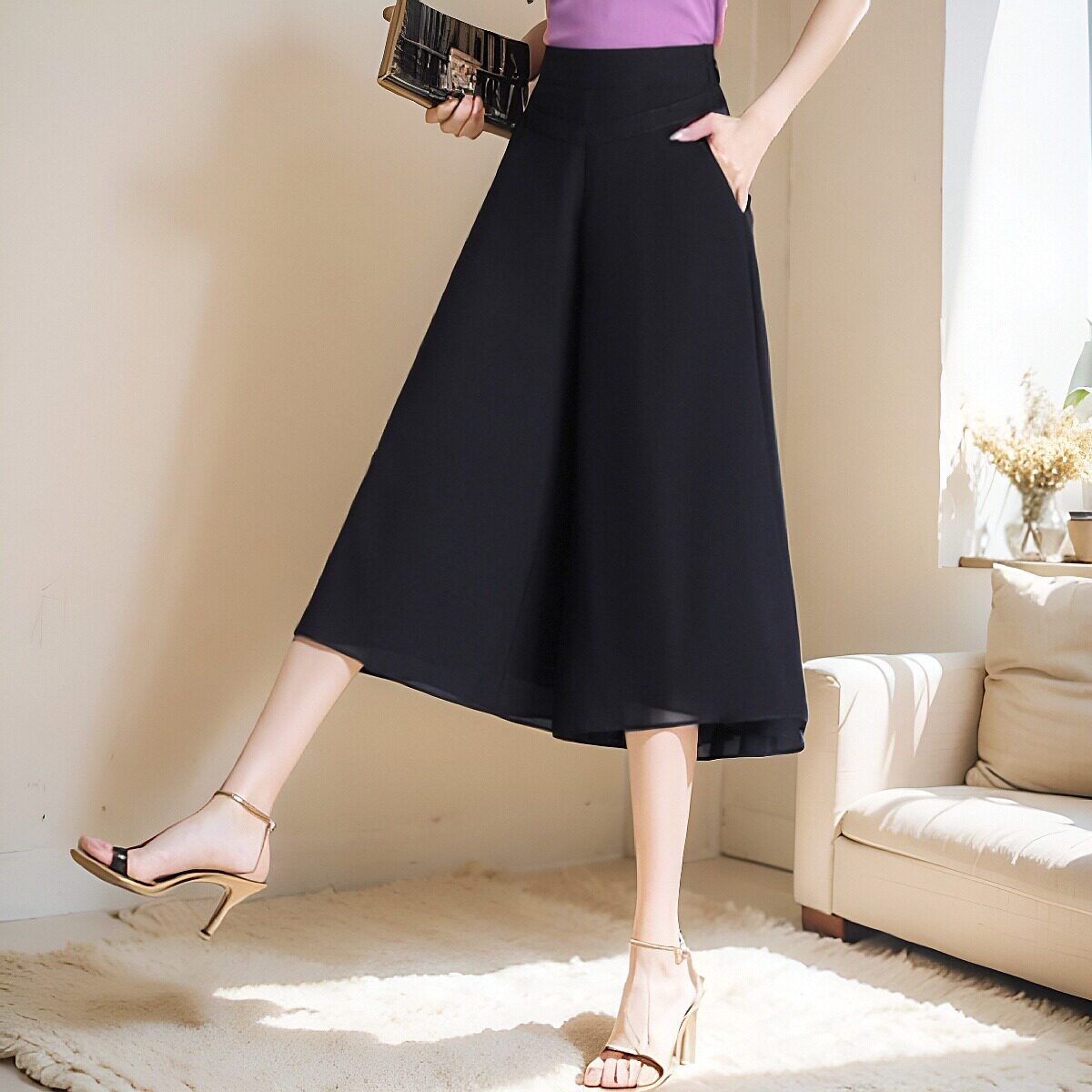 雪纺裙裤女夏季薄款2025新款高腰小个子中裤显瘦七分阔腿裤大裤脚