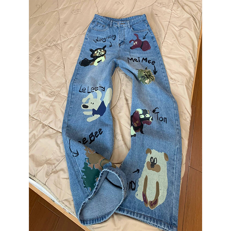 美式复古卡通涂鸦蓝色牛仔裤女春夏设计感小众宽松显瘦直筒阔腿裤
