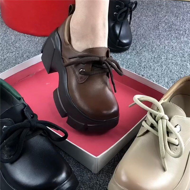 春秋新款复古深口真皮单鞋女松糕厚底增高系带小皮鞋软底舒适百搭