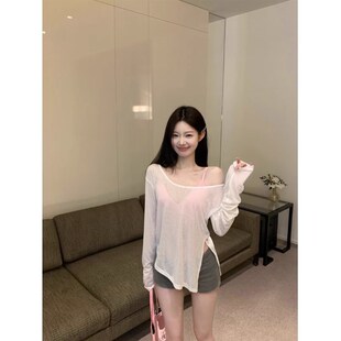 防晒罩衫 设计感小众露肩薄款 纯欲开叉上衣 空调T恤女夏季 白色长袖