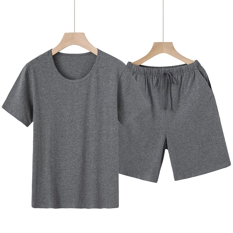 男士纯棉睡衣夏季短袖五分短裤薄款全棉套装圆领简约休闲家居服