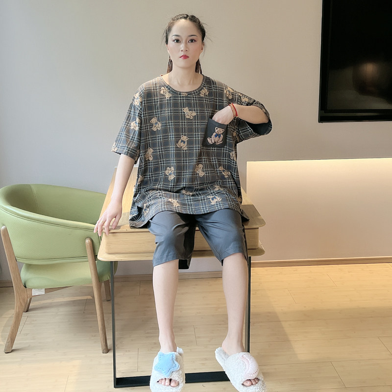 睡衣女士夏季纯棉薄款短袖七分裤大码夏天女款简约格子家居服套装