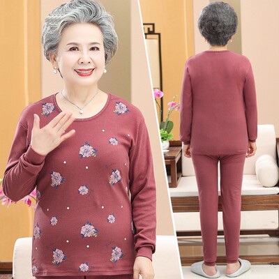 奶奶装春秋内衣套装中老年人女圆领打底衫老人衣服秋衣秋裤两件套