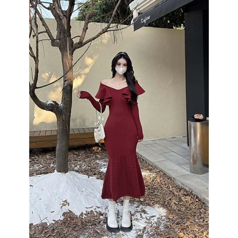 V领修身气质长款内搭针织连衣裙秋冬长款包臀鱼尾打底钩花鱼尾裙