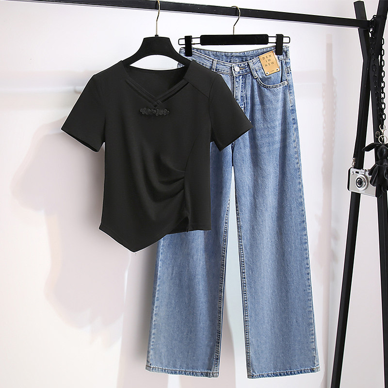 新中式国风V领短袖T恤女2025年夏季新款不规则下摆短款小个子上衣