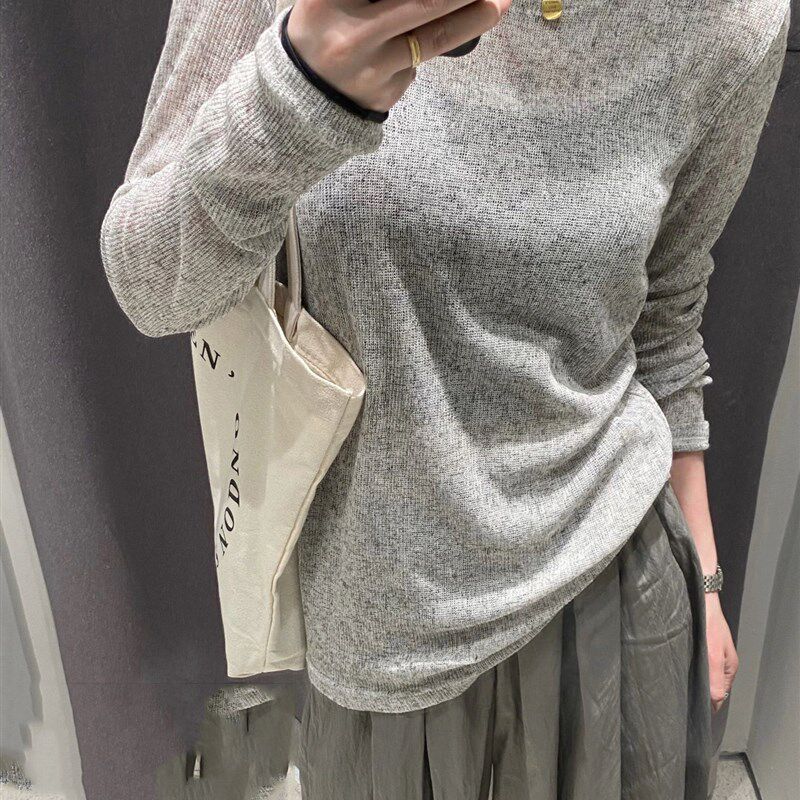 微胖MM薄款灰色圆领长袖T恤罩衫女外搭慵懒风防晒空调衫套头上衣