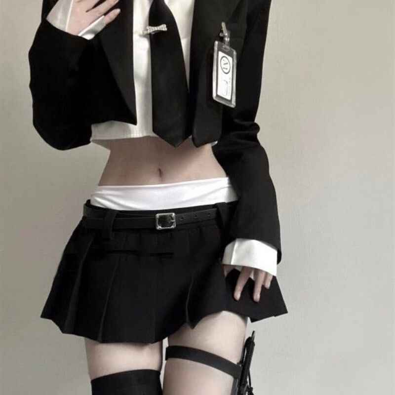 纯欲学院风辣妹西装春夏季新款短款衬衣西装拼接短裙三件女套装裙