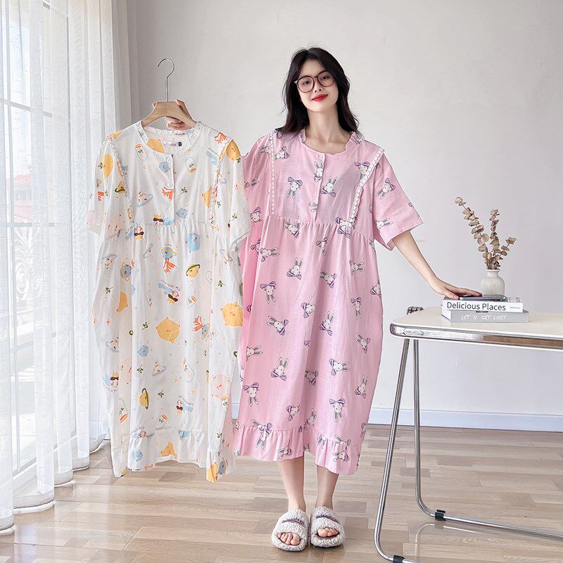 日系纯棉纱布月子服大码200斤哺乳睡裙女夏季孕妇产后喂奶家居服