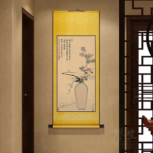 明清古画岁朝图i中式卷轴挂画竖版饭厅书房装饰画玄关走廊过道壁