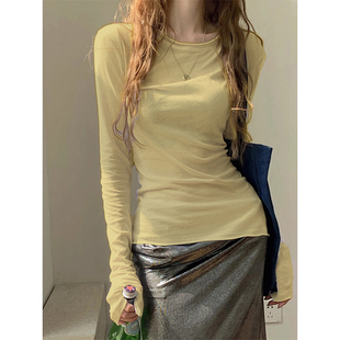 打底衫 奶黄色正肩长袖 内搭微透防晒上衣 薄款 春秋季 T恤女修身 罩衫