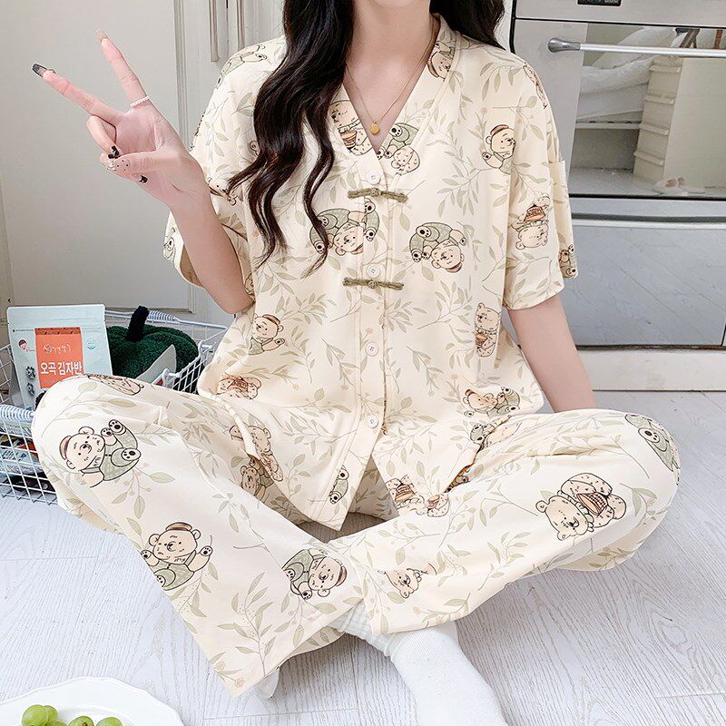 2024新款女士纯棉睡衣夏季短袖长裤学生可外穿女款开衫家居服套装