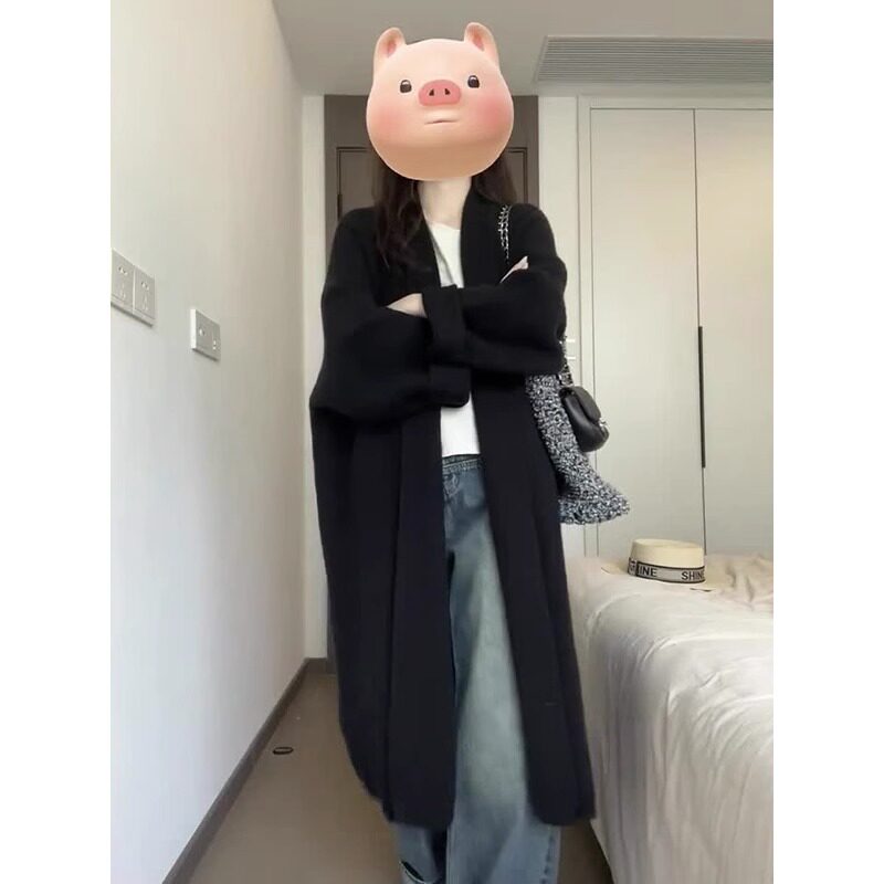 翻领针织外套2023秋季新款韩版通勤中长版长袖慵懒风毛衣针织外套