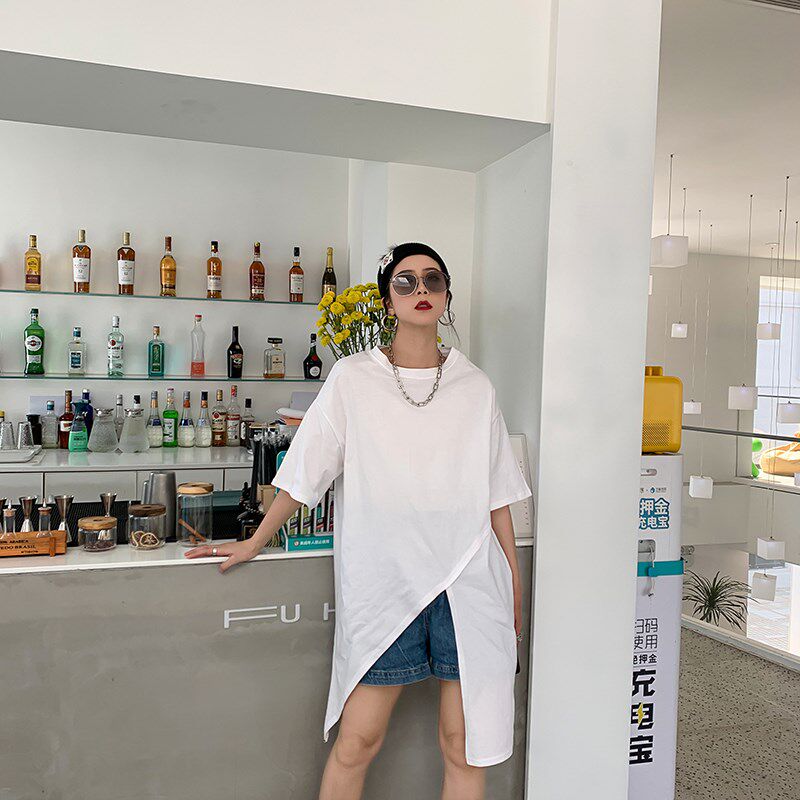 下摆开叉t恤女2025夏季新款港风宽松中长款不规则设计感纯棉上衣