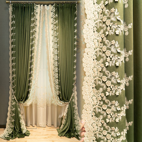 美式复古橄榄绿绣花窗帘加厚丝绒布高档法式轻奢遮光客厅卧室定制