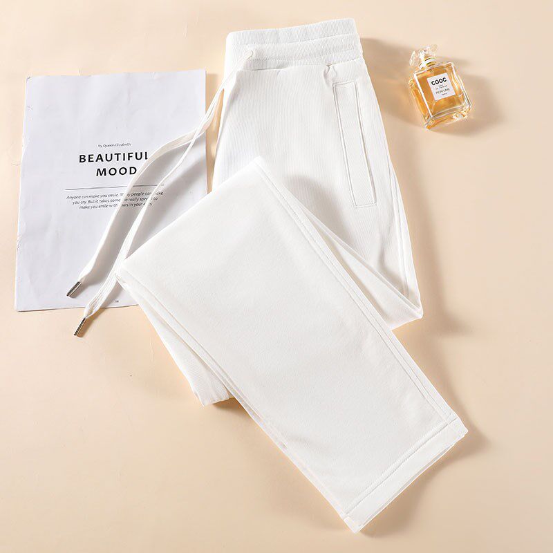 白色休闲卫裤女薄款裤子纯棉运动长裤宽松显瘦高腰直筒裤女士大码