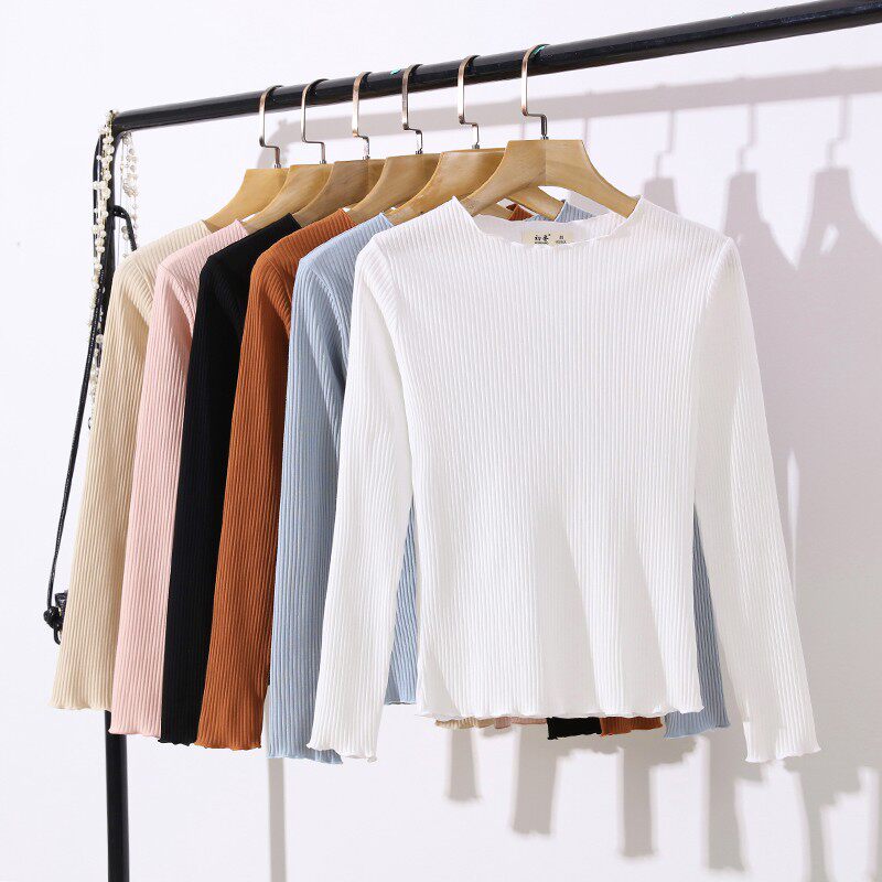 早秋薄款白色针织打底衫内搭女韩版修身百搭长袖T恤紧身短款上衣